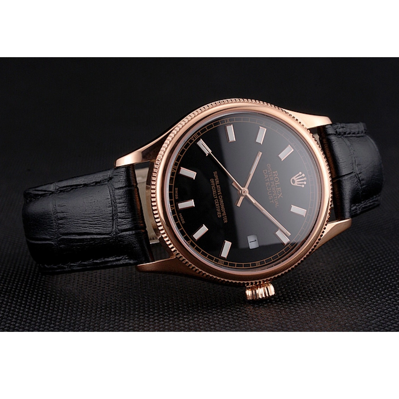 AAA replica watch Black Datejust Case Rose Black Swiss Leather Rolex Gold Dial Strap 0603